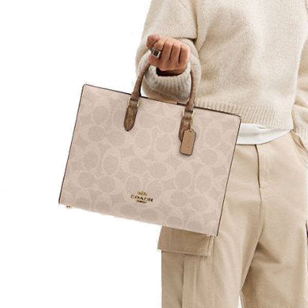 Coach Maggie Tote Bag In Blocked Signature Canvas Sand Tan # CY677