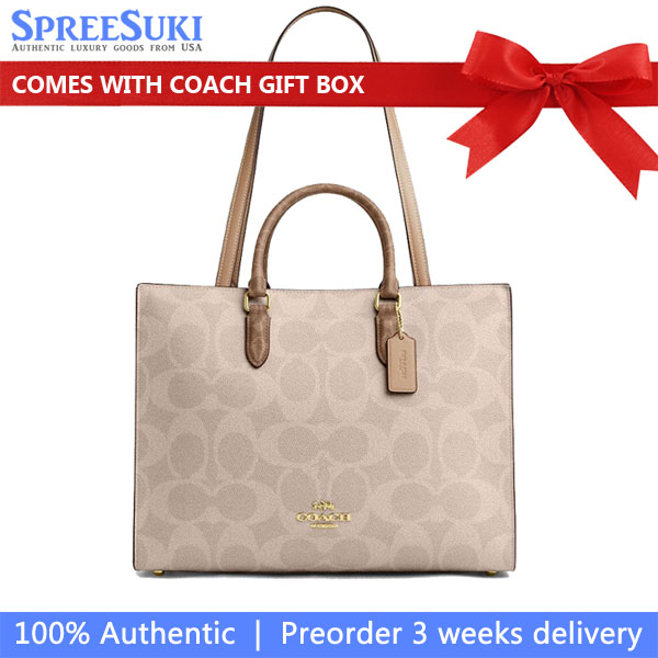 Coach Maggie Tote Bag In Blocked Signature Canvas Sand Tan # CY677