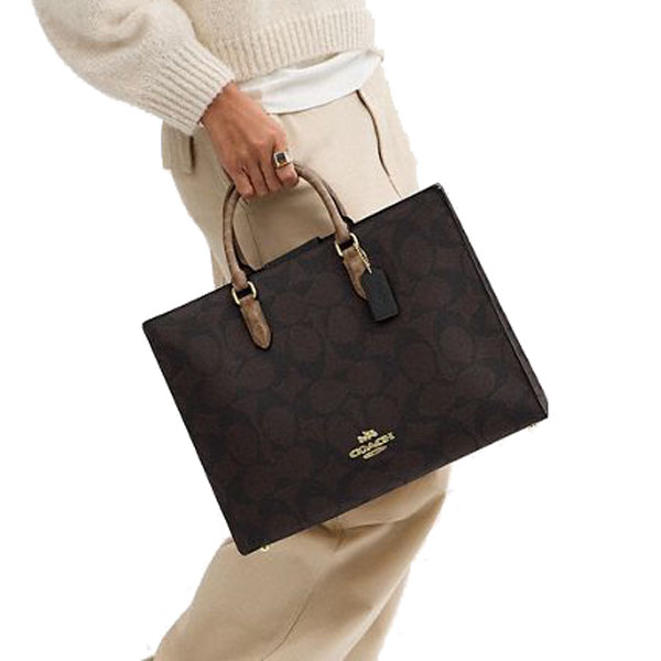 Coach Maggie Tote Bag In Blocked Signature Canvas Walnut Tan # CY677