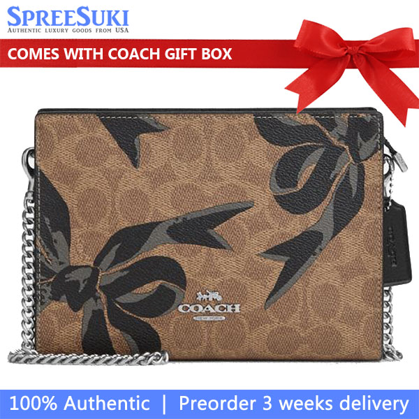 Coach Slim Crossbody Bag In Signature Canvas With Bow Print Silver Tan Black Multi # CY746