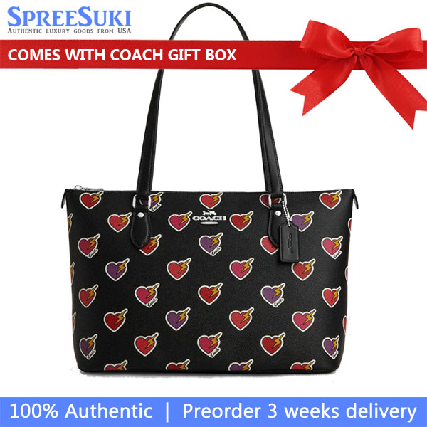 Coach Gallery Tote Bag With Heart Bolt Print Silver Black Multi # CW434