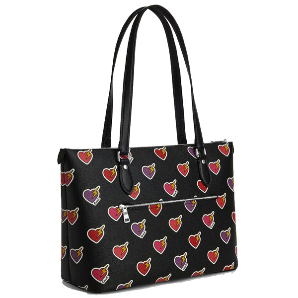 Coach Gallery Tote Bag With Heart Bolt Print Silver Black Multi # CW434