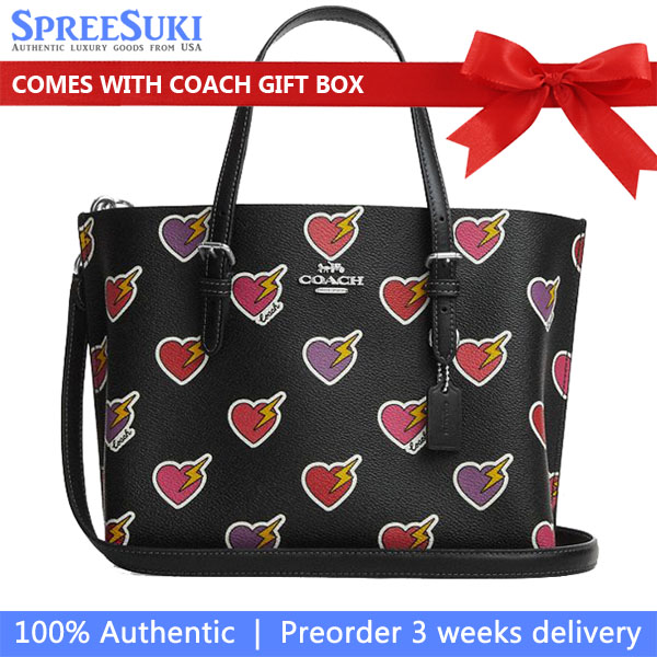 Coach Mollie Tote Bag 25 With Heart Bolt Print Silver Black Multi # CW435