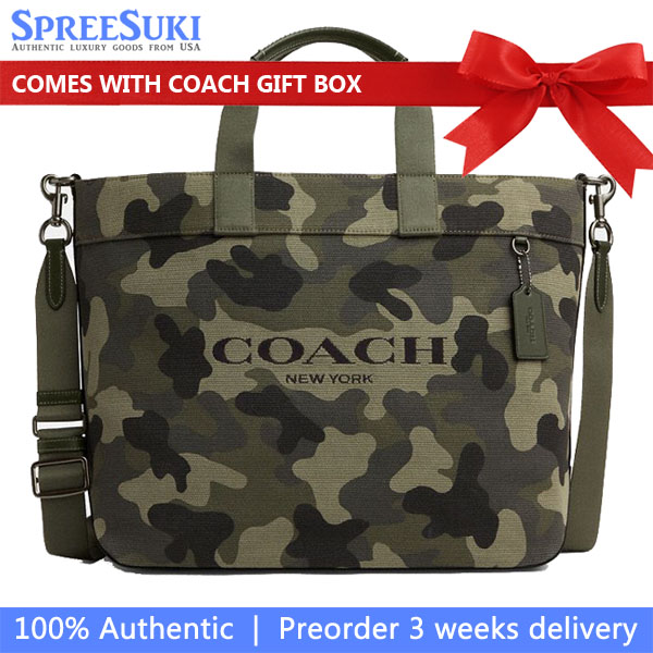 Coach Tote Bag 38 With Camo Print Gunmetal Green Multi # CY805