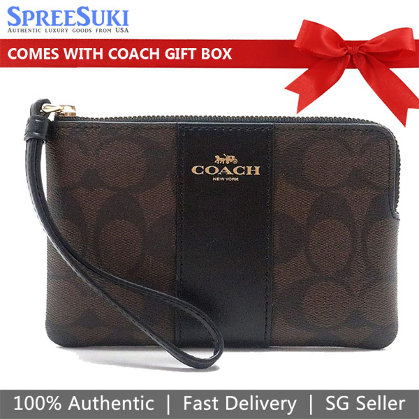 Coach Small Wristlet Corner Zip Signature Leather Stripe Walnut Brown Black # CW854