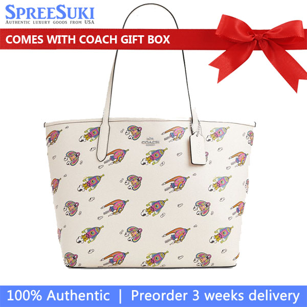 Coach Cosmic Coach City Tote Bag With Rocket Print Silver Chalk Multi # CW030