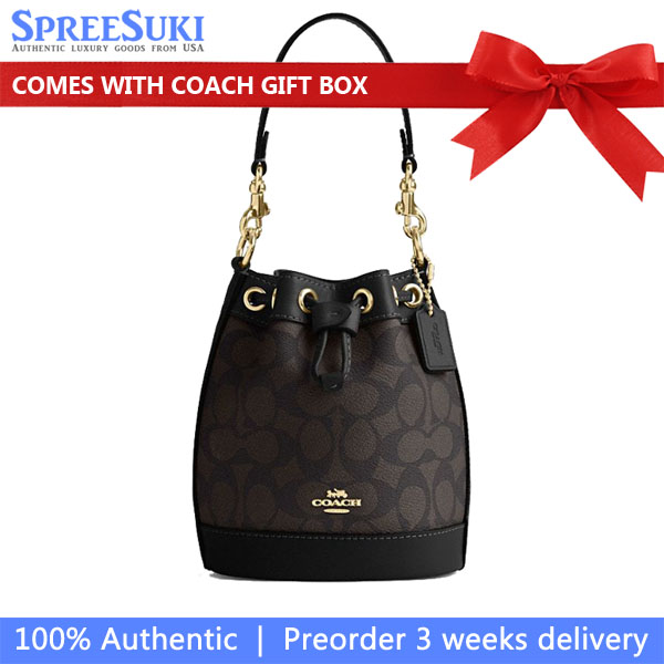 Coach Mini Bucket Bag In Signature Canvas Walnut Black # CW299