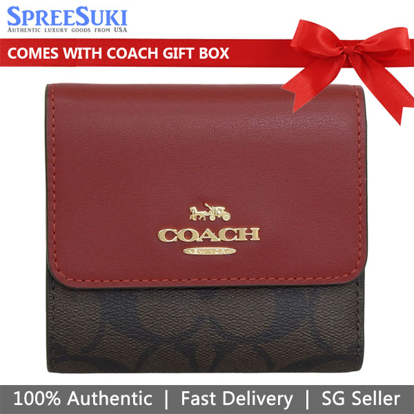 Coach Small Wallet Small Trifold Wallet In Blocked Signature Canvas Brown 1941 Red # CE930D10