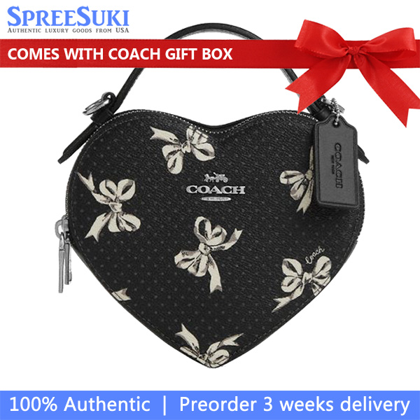 Coach Heart Crossbody Bag With Bow Print Silver Black Multi # CAA99