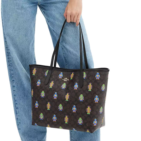 Coach Cosmic Coach City Tote Bag In Signature Canvas With Robot Print Walnut Multi # CW027