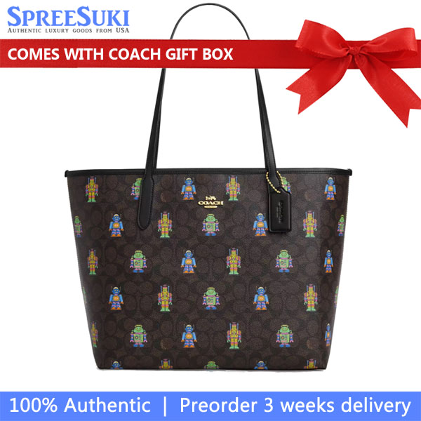 Coach Cosmic Coach City Tote Bag In Signature Canvas With Robot Print Walnut Multi # CW027