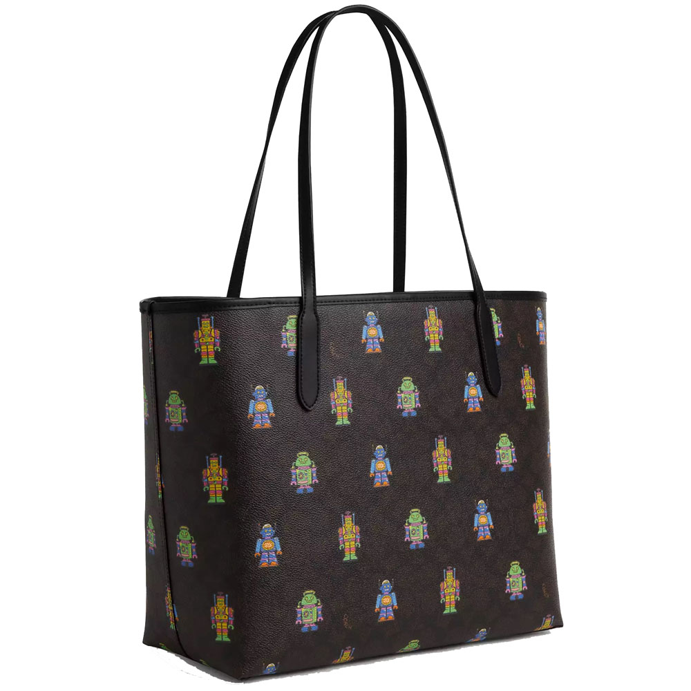 Coach Cosmic Coach City Tote Bag In Signature Canvas With Robot Print Walnut Multi # CW027