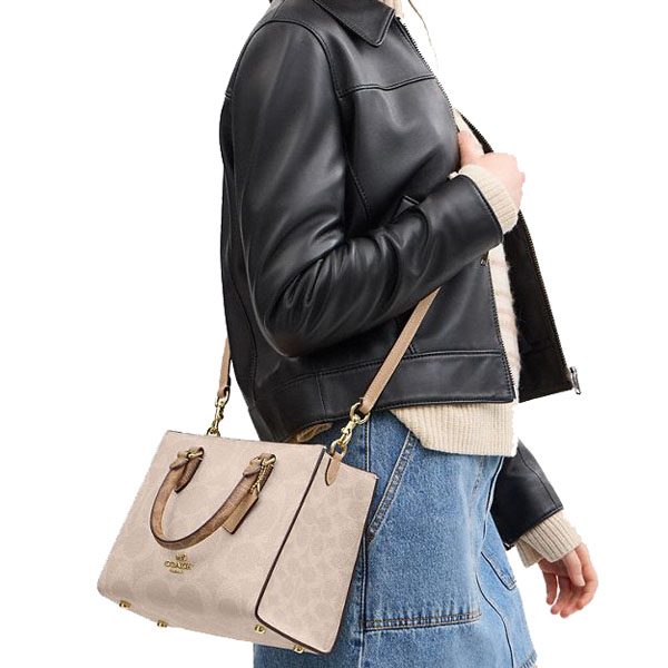 Coach Maggie Small Tote Bag In Blocked Signature Canvas Sand Tan # CY676