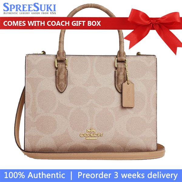 Coach Maggie Small Tote Bag In Blocked Signature Canvas Sand Tan # CY676