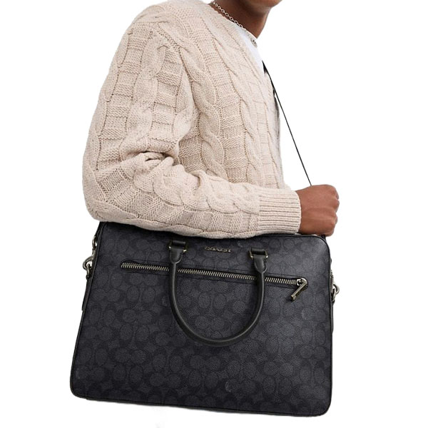 Coach Ethan Slim Brief In Signature Canvas Gunmetal Charcoal Black # CV917