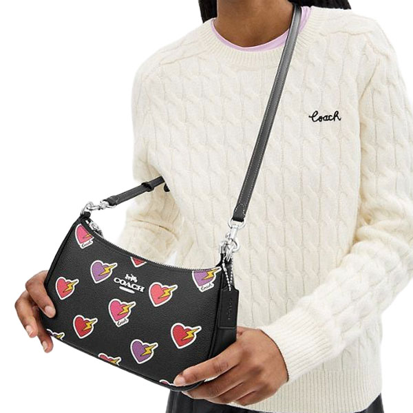 Coach Teri Shoulder Bag With Heart Bolt Print Silver Black Multi # CY346