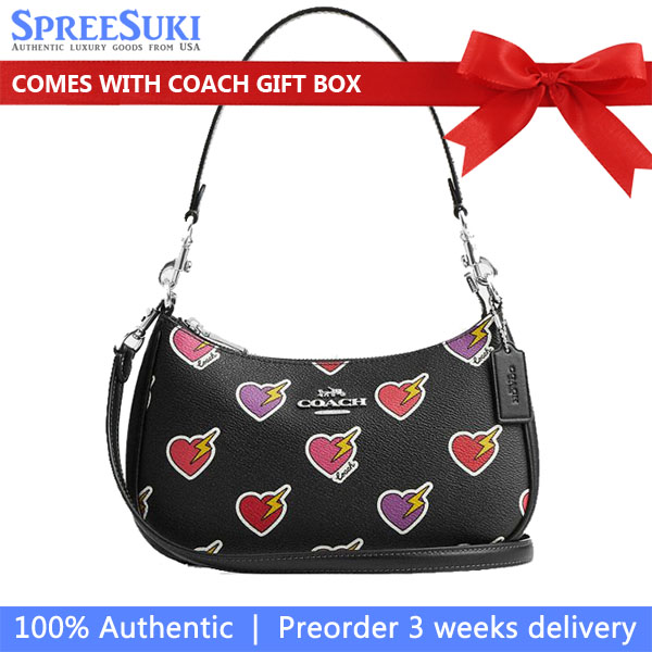 Coach Teri Shoulder Bag With Heart Bolt Print Silver Black Multi # CY346