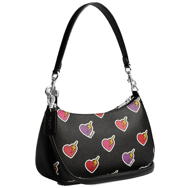 Coach Teri Shoulder Bag With Heart Bolt Print Silver Black Multi # CY346