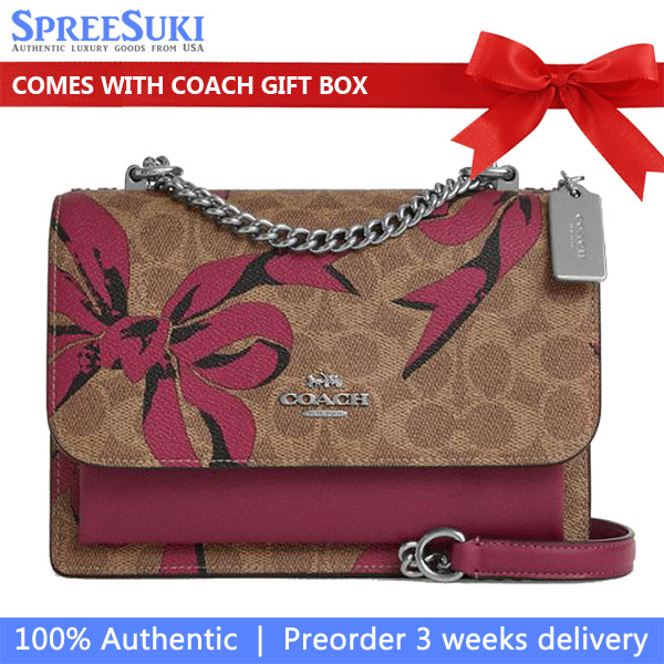 Coach Klare Crossbody Bag In Signature Canvas With Bow Print Silver Tan Pink Multi # CY649