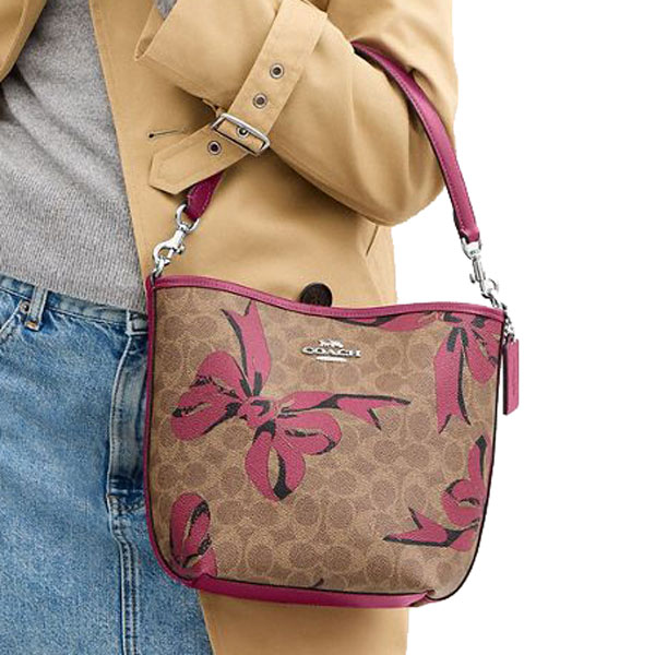 Coach City Bucket Bag In Signature Canvas With Bow Print Silver Tan Pink Multi # CY651