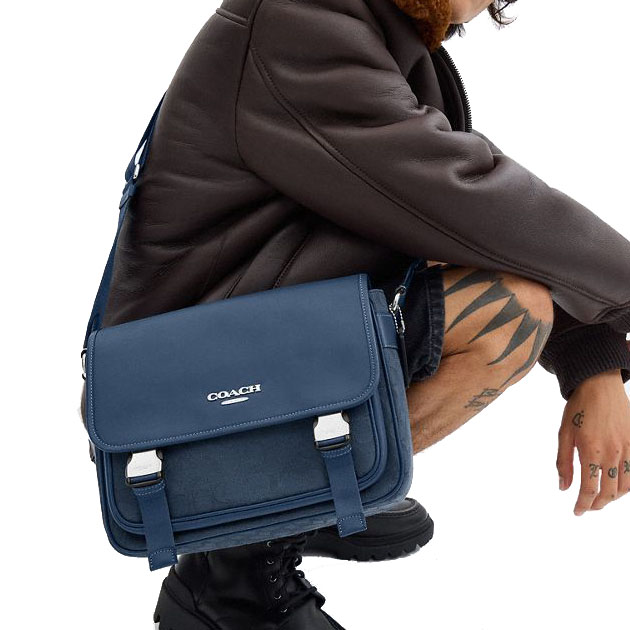 Coach Racer Messenger Bag In Signature Jacquard Silver Denim Dark Denim # CW177