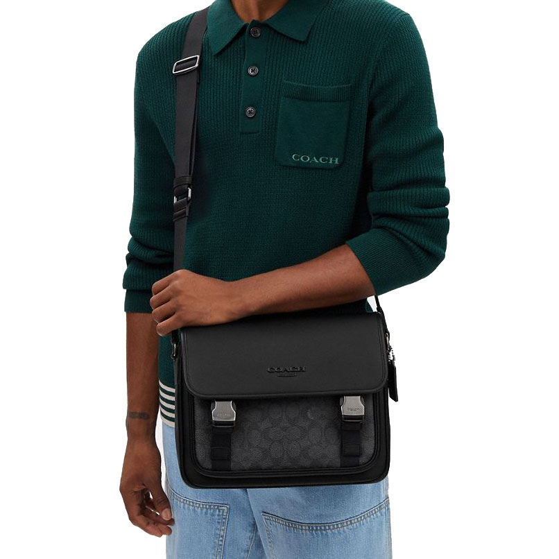 Coach Racer Messenger Bag In Signature Canvas Gunmetal Charcoal Black # CT716