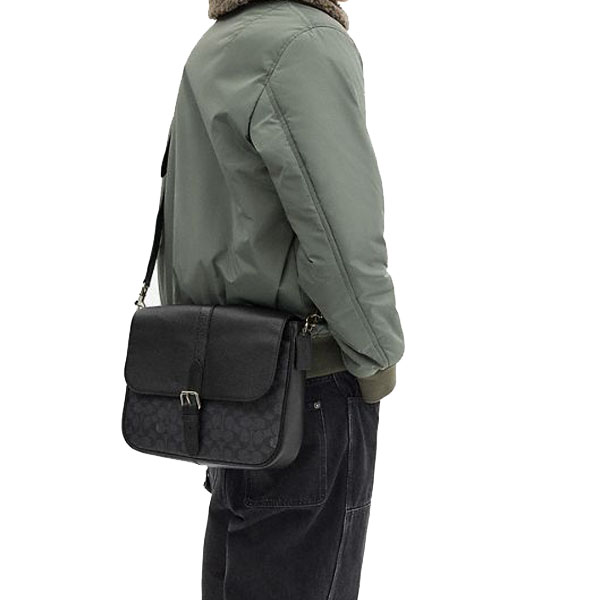 Coach Warner Messenger Bag In Signature Canvas Gunmetal Charcoal Black # CW214