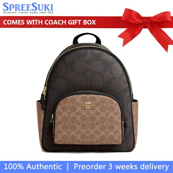 Coach Court Backpack In Blocked Signature Canvas Walnut Tan # CZ771