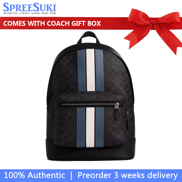 Coach West Backpack In Signature Canvas With Varsity Stripe Gunmetal Charcoal Denim Chalk # CV922