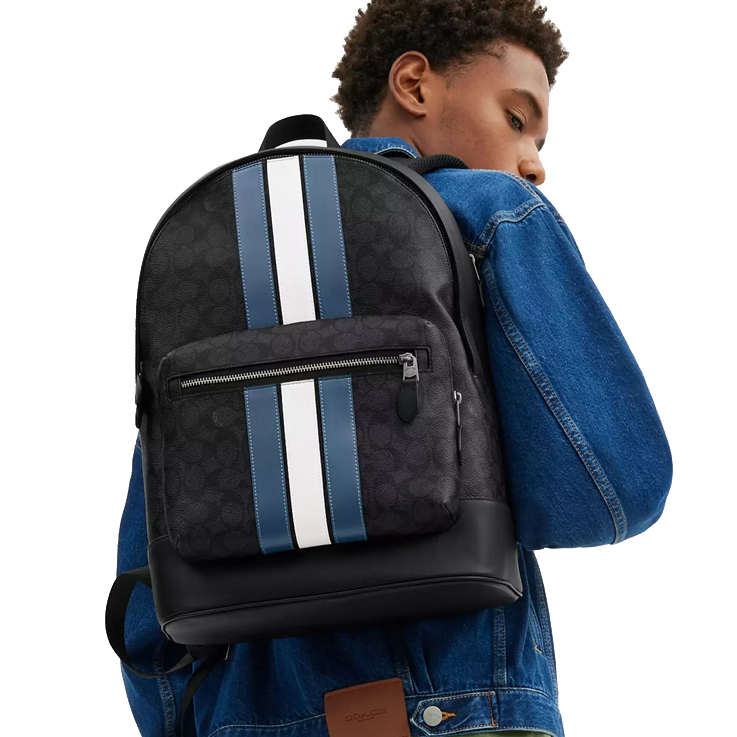 Coach West Backpack In Signature Canvas With Varsity Stripe Gunmetal Charcoal Denim Chalk # CV922