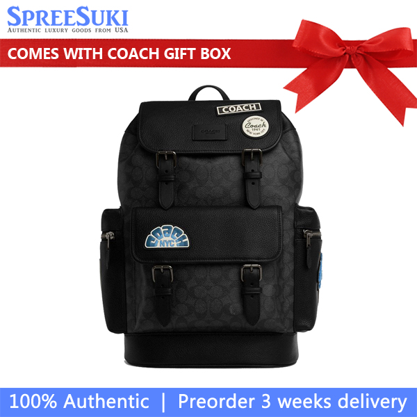 Coach Sprint Backpack In Signature Canvas With Patches Gunmetal Charcoal Multi # CY818