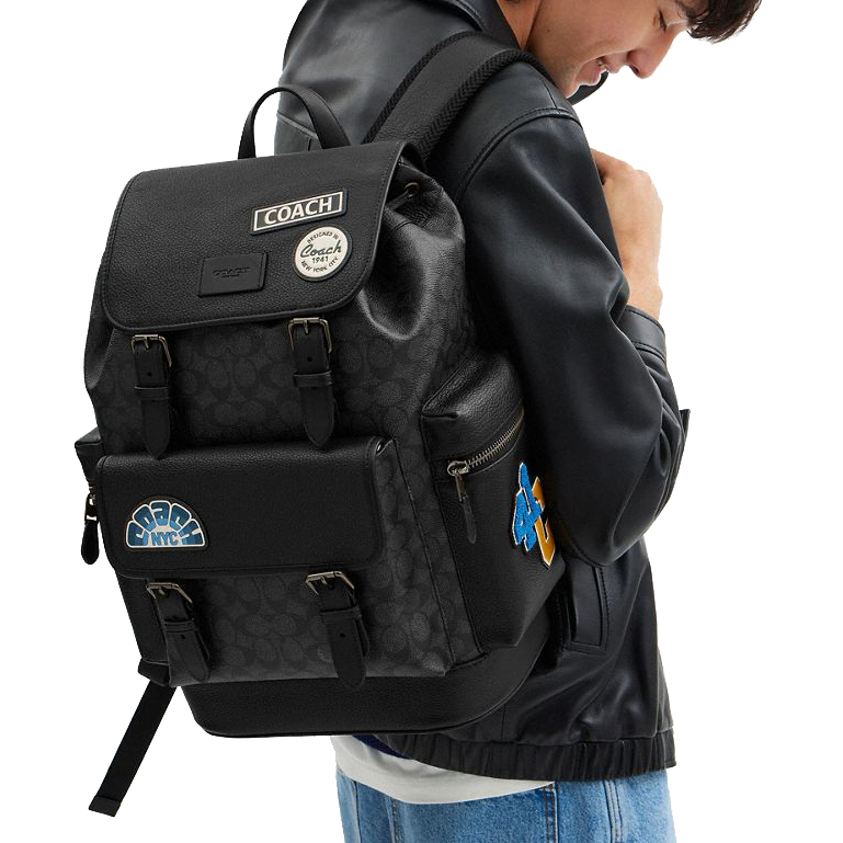 Coach Sprint Backpack In Signature Canvas With Patches Gunmetal Charcoal Multi # CY818