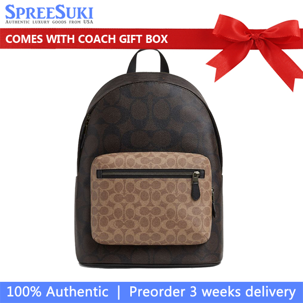 Coach West Backpack In Blocked Signature Canvas Walnut Tan # CAB59