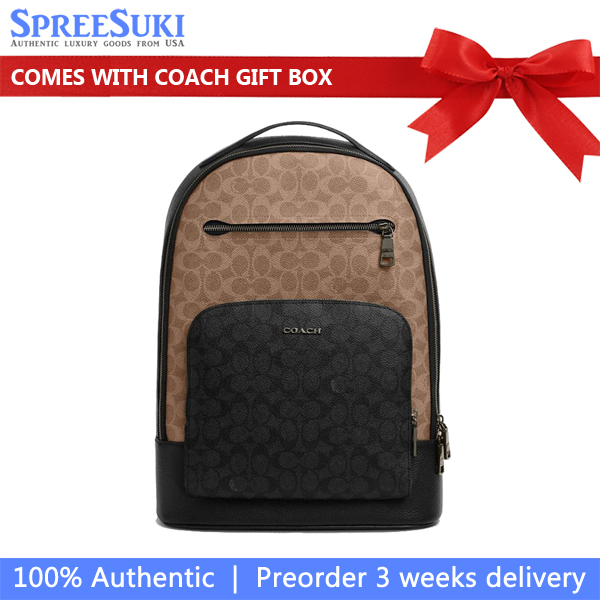 Coach Ethan Backpack In Blocked Signature Canvas Tan Charcoal Black # CZ392