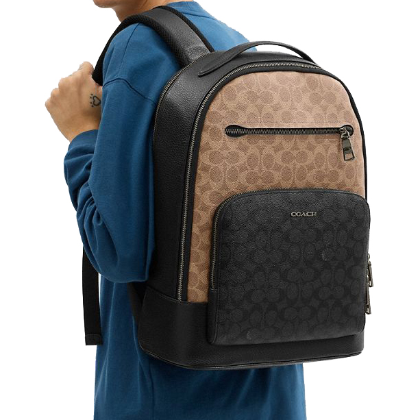 Coach Ethan Backpack In Blocked Signature Canvas Tan Charcoal Black # CZ392