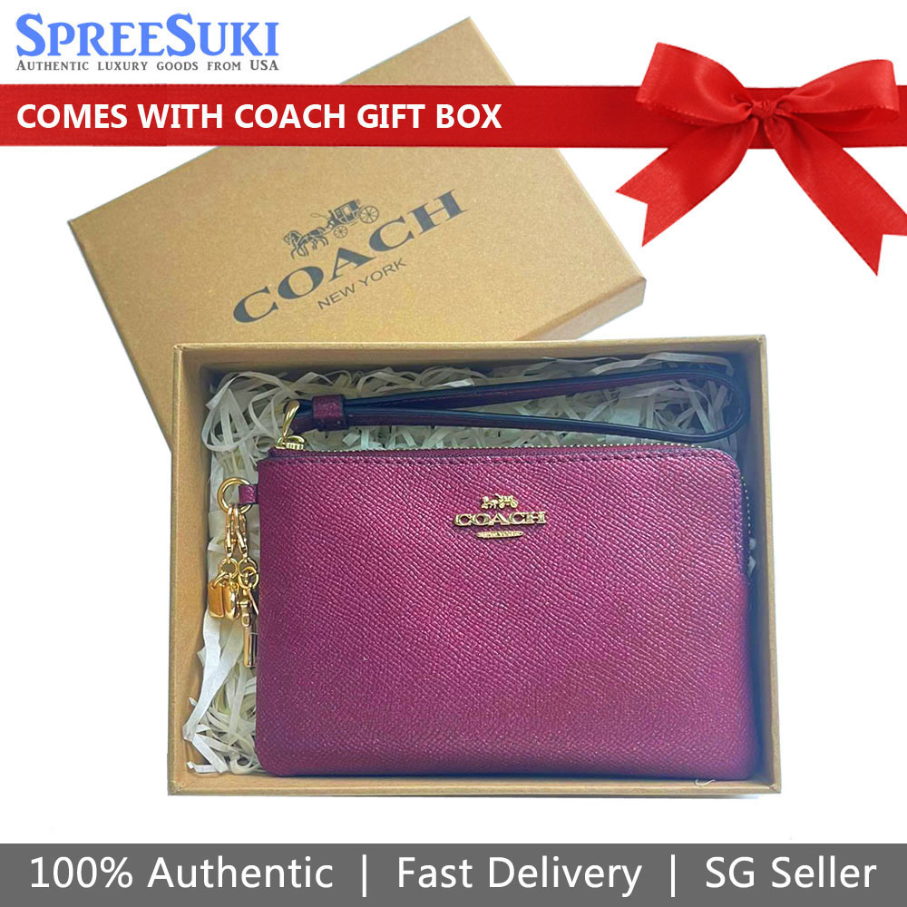 Coach Small Wristlet Boxed Glitter Corner Zip With Charm Black Cherry Red # CF547D1