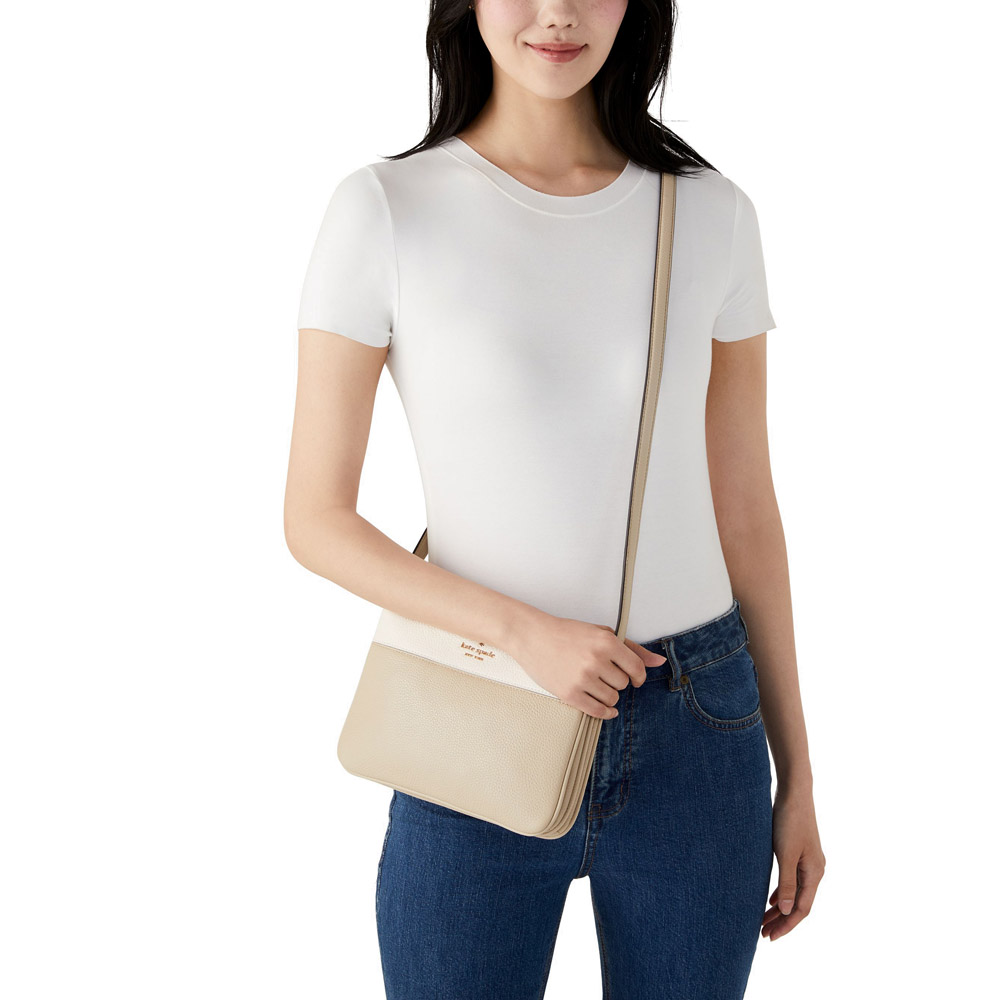 Kate Spade Crossbody Bag Leila Colorblock Triple Gusset Crossbody Light Sand Off White Beige # WKR00423D2