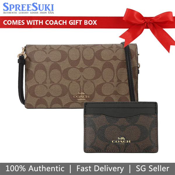 Coach Crossbody Bag Sling Boxed Anna Foldover Clutch Crossbody And Card Case Set In Signature Canvas Khaki Brown # C7354