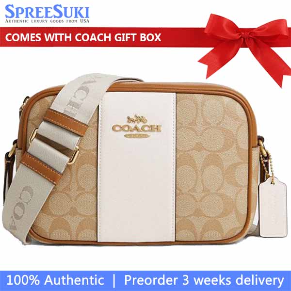 Coach Jamie Camera Bag In Signature Canvas With Stripe Light Khaki Chalk Lt Saddle # CT255