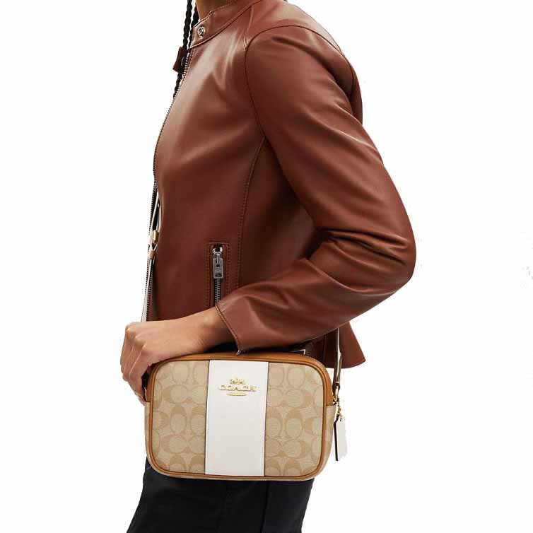 Coach Jamie Camera Bag In Signature Canvas With Stripe Light Khaki Chalk Lt Saddle # CT255