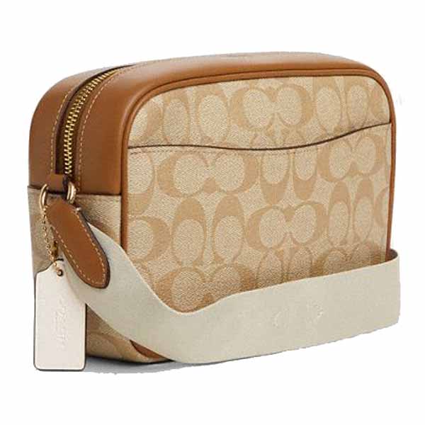 Coach Jamie Camera Bag In Signature Canvas With Stripe Light Khaki Chalk Lt Saddle # CT255