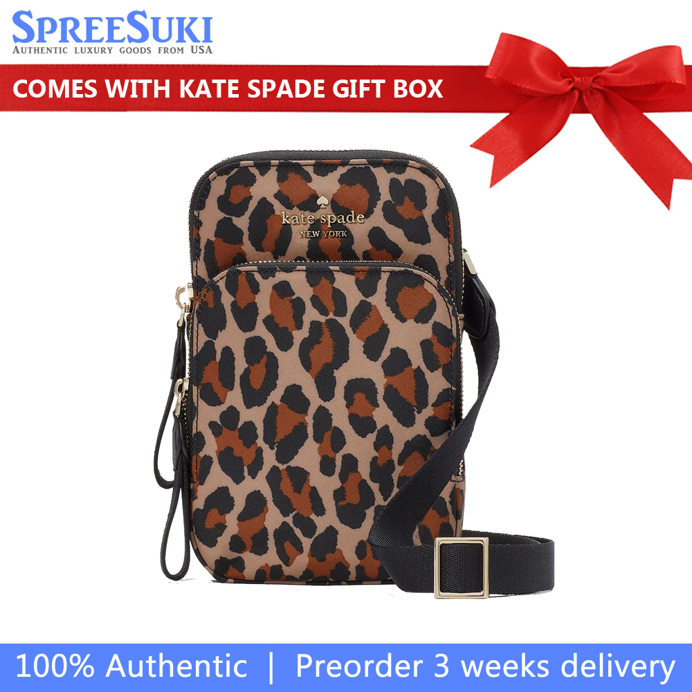 Kate Spade Chelsea Leopard North South Dual Zip Phone Crossbody Brown Multi # KH750