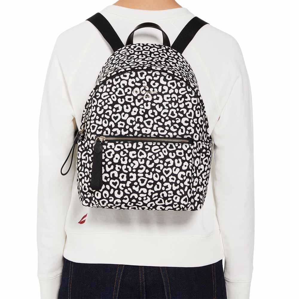 Kate Spade Chelsea Leopard Heart Medium Backpack Black Multi # KF338