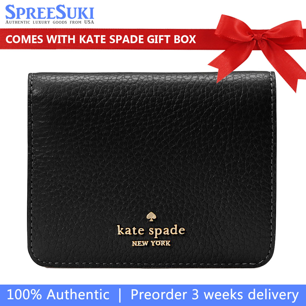 Kate Spade Small Wallet Lena Pebbled Leather Small Slim Bifold Wallet Black # KH788