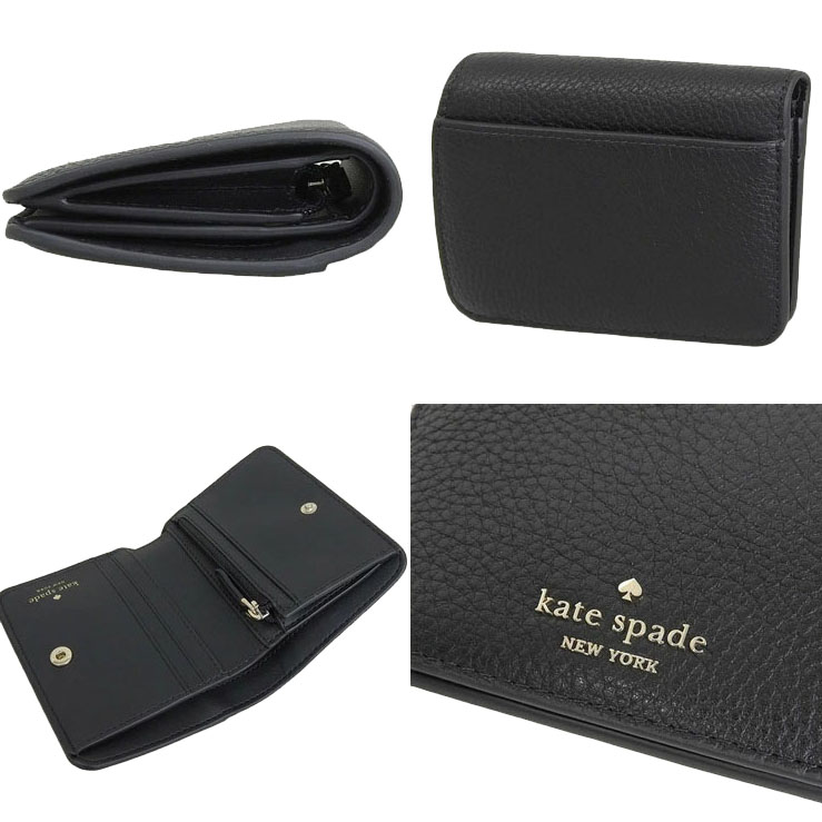 Kate Spade Small Wallet Lena Pebbled Leather Small Slim Bifold Wallet Black # KH788