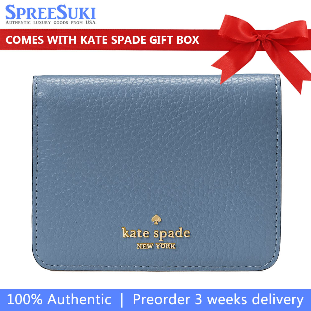 Kate Spade Small Wallet Lena Pebbled Leather Small Slim Bifold Wallet Bluestone # KH788