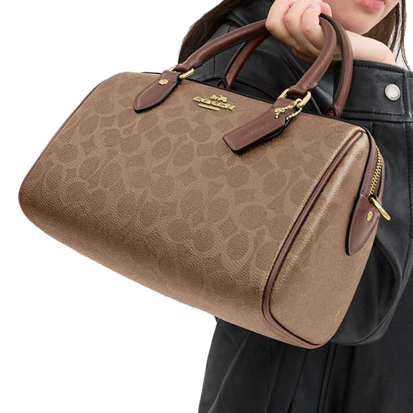 Coach Rowan Satchel Bag In Signature Canvas Tan Brown # CV961