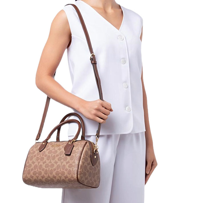 Coach Rowan Satchel Bag In Signature Canvas Tan Brown # CV961