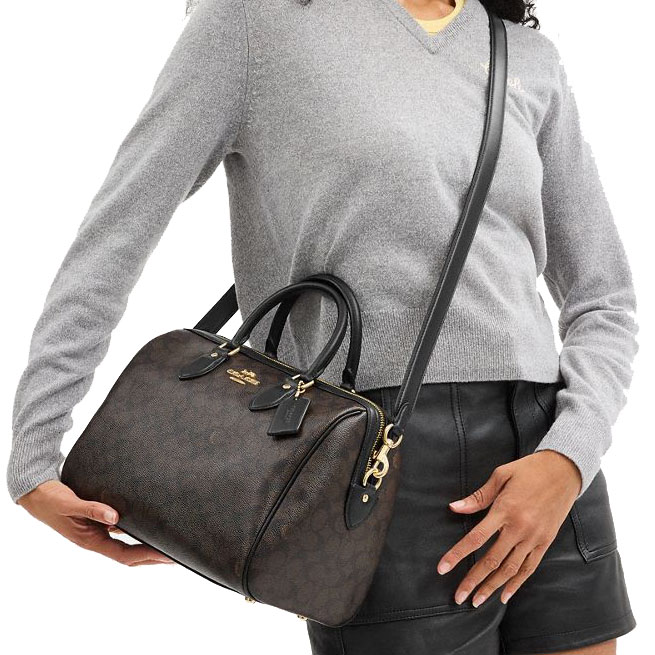 Coach Rowan Large Satchel Bag In Signature Canvas Walnut Black # CV959