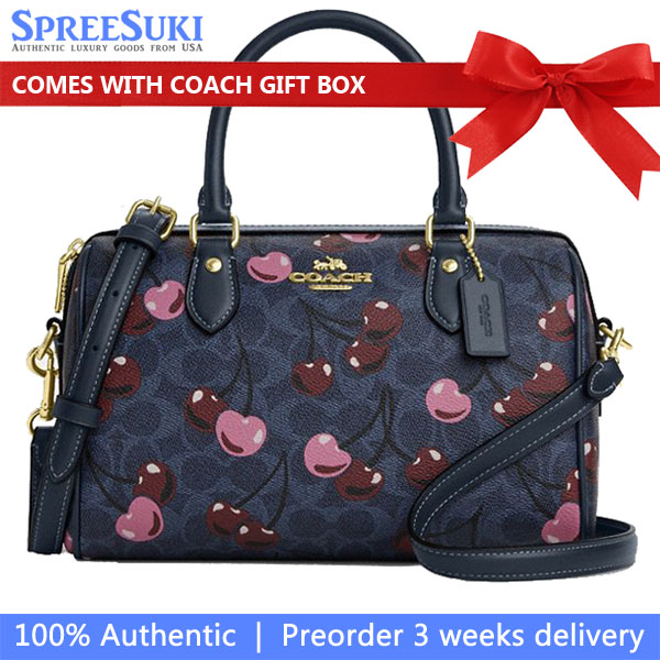 Coach Rowan Satchel Bag In Signature Canvas With Cherry Print Denim Multi # CY692